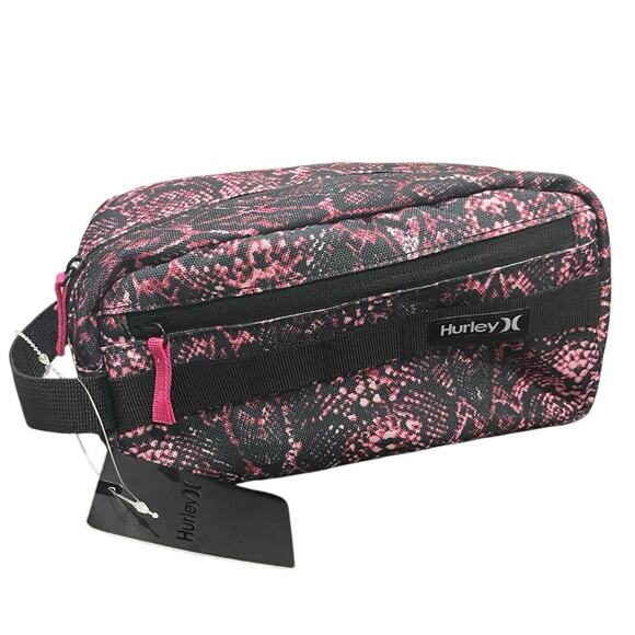 HURLEY COSMETICS BAG TRAVEL VIVID PINK BLACK SNAKE PRINT VERSATILE ANIMAL PRINT - Picture 12 of 16